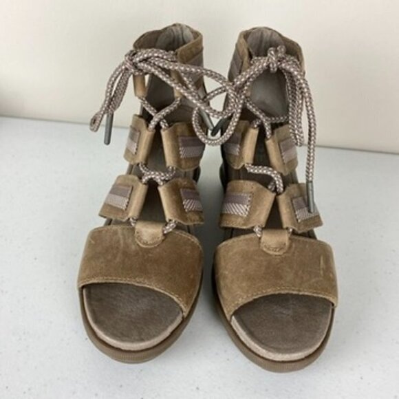 Sorel Joanie II Lace Up Sandals Wedges Womens 7.5 Tan Beige - Picture 2 of 8